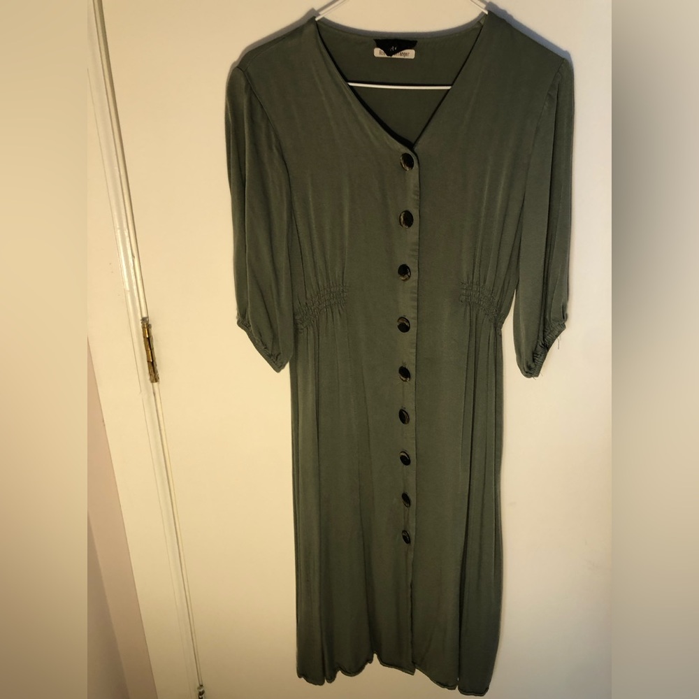 Green, midi, button down, dress